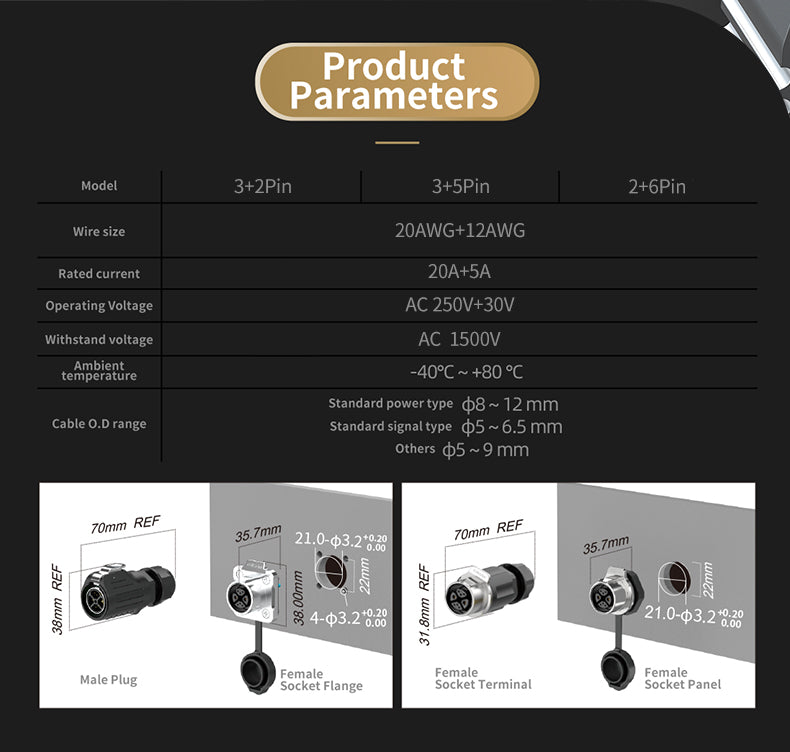 LP20 2+6 Pin Flange Waterproof Inline Connector Aviation Plug