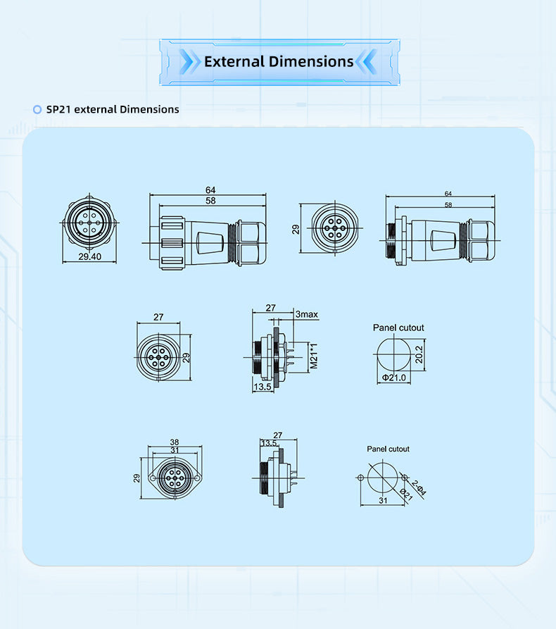 EW SP21 5 Pin Circular Plug Socket Diamond Flange