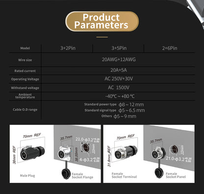 LP20 3+5 Pin Inline IP68 Electrical Waterproof Connectors